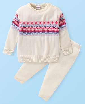 Babyhug Knitted Full Sleeves Aztec Designed Pullover Sweater Set - Off White