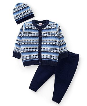 Babyhug Knit Full Sleeves Front Open Sweater Set with Aztec Design & Cap - Navy Blue