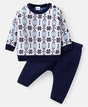 Babyhug Knitted Full Sleeves Intarsia Designed Pullover Sweater Set - Navy Blue & White