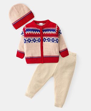 Babyhug Knitted Full Sleeves Front Open Sweater Set with Cap Ikat Design - Red