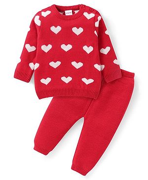 Babyhug Knitted Full Sleeves Heart Designed Pullover Sweater Set - Red
