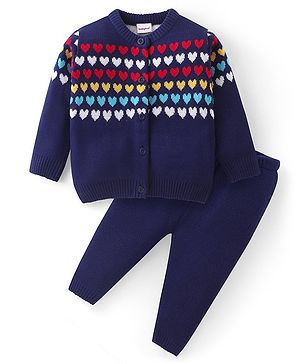 Babyhug Knit Full Sleeves Front Open Sweater Set with Hearts Design - Navy Blue