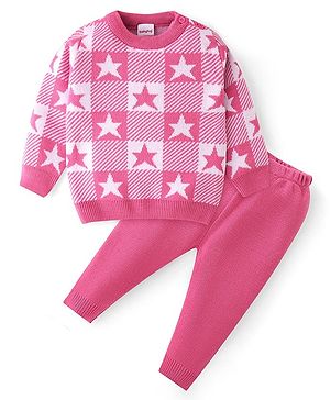 Babyhug Knit Full Sleeves Sweater Set With Star Design - Pink
