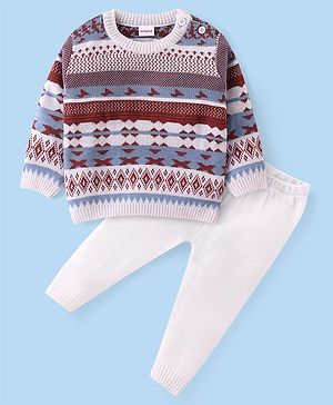 Babyhug Knit Full Sleeves Sweater Set With Aztec Design - Multicolor