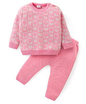 Babyhug Knitted Full Sleeves Pullover Sweater Set With Hearts Design - Light Pink