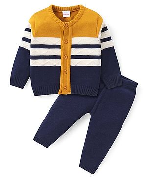 Babyhug Knitted Full Sleeves Front Open Striped Sweater Set - Navy Blue Yellow & White