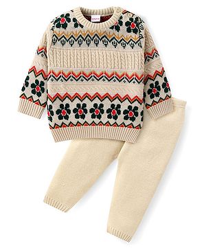 Babyhug Knitted Full Sleeves Floral Designed Pullover Sweater Set - Beige