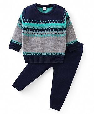 Babyhug Knit Full Sleeves Pullover Sweater Set with Aztec Design - Navy Blue & Grey