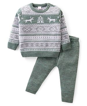 Babyhug Knitted Full Sleeves Pullover Sweater Set with Christmas Theme Design - Grey & Green