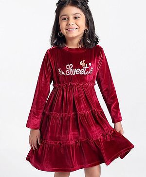 Babyhug Velour Full Sleeves Tiered Frock With Floral & Text Embroidered -Red