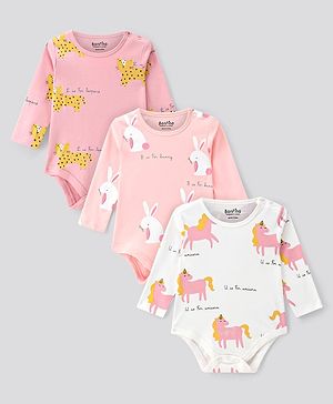 Bonfino 100% Cotton Knit Full Sleeves Bunny & Unicorn Printed Onesies Pack of 3 - Pink  & Ivory