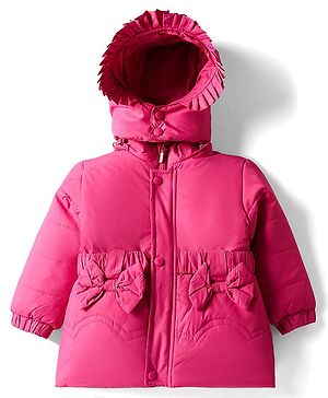 Babyhug Woven Full Sleeves Solid Hooded Padded Jacket With Bow Applique & Detachable Hood - Pink