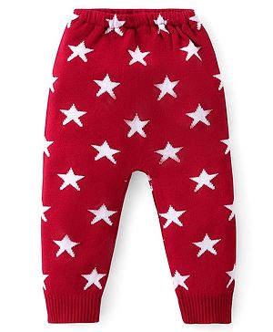 Babyhug Knit Full Length Fleece & Woollen Pant with Star Design - Red & White