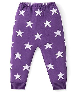 Babyhug Knit Full Length Fleece & Woollen Pant with Star Embroidery - Purple & White