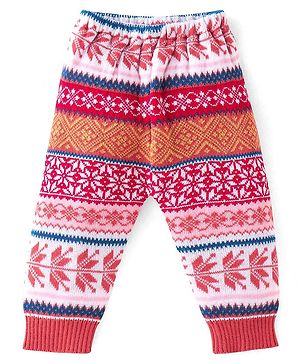 Babyhug Knit Full Length Fleece & Woollen Pant with Floral Design - Rust Orange