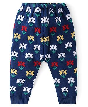 Babyhug Full Length Fleece and Woollen Lounge Pant Floral Design - Navy Blue