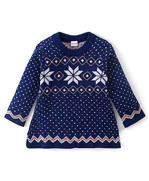 Babyhug Knitted Full Sleeves Woollen Dress with Aztec Design - Blue