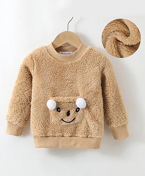 Kookie Kids Full Sleeves Winter Wear T-Shirt with Bear Applique & Pocket Detailing - Brown