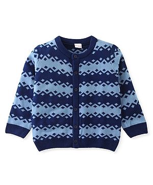 Babyhug Knit Front Open Full Sleeves Striped Sweater with Argyle Design - Navy Blue