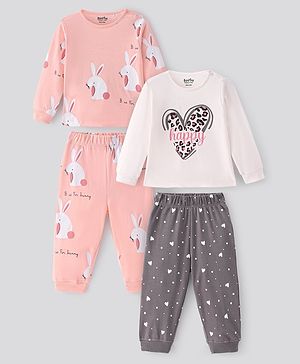 Bonfino  100% Cotton  Knit Full Sleeves Night Suits with Bunny & Heart Print Pack of 2 - Peach & White