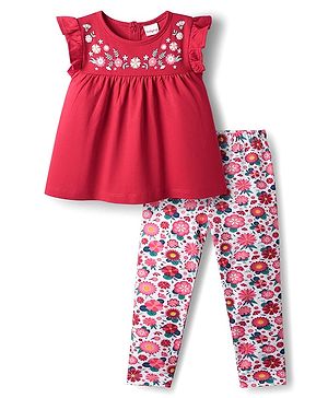 Babyhug Single Jersey Knit Frill Sleeves Top and Leggings Set Floral Embroidery - Red