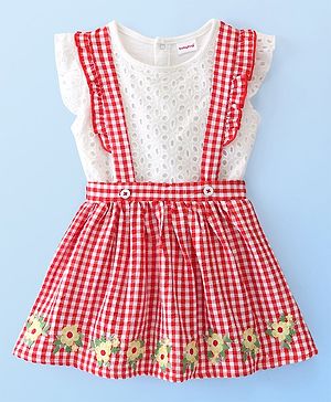 Babyhug Single Jersey Knit Frill Sleeves Top and Skirt With Floral Embroidery- White & Red
