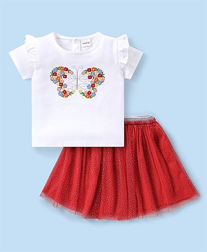 Babyhug Single Jersey Knit Half Frill Sleeves Top and Skirt With Butterfly Embroidery- White & Red