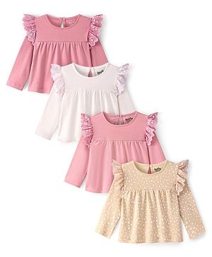 Bonfino 100 % Cotton Knit Full Sleeves Top with Frill Detailing Pack of 4 - Multicolor
