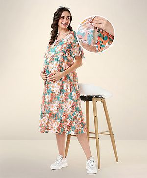 Bella Mama Woven Flutter Sleeves Maternity Dress Floral Print - Orange
