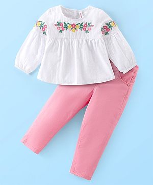 Babyhug Cotton Woven Full Sleeves Top & Pants Set With Floral Embroidery - White & Pink