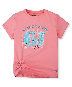 GINI & JONY Cotton Knit Half Sleeves T-Shirt with Text & Leafy Print - Pink
