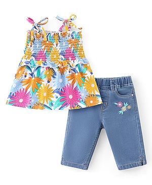 Babyhug Cotton Knit Singlet Top & Denim Pants Set With Floral Print - Multicolor