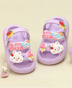 Yellow Bee Cat & Ice Cream Applique Detailed Sandals - Purple