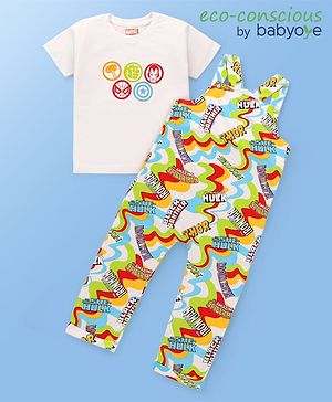 Babyhug Marvel  Interlock Knit Half Sleeves T-shirt With Dungaree Avengers Graphic - Yellow White & Blue