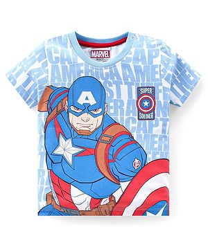 Babyhug Marvel Cotton Knit Half Sleeves T-Shirt With Captain America Print - Light Blue