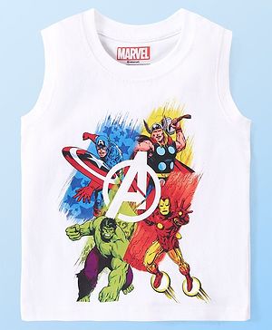 Babyhug Marvel  Cotton Knit Sleevesless Tank T-Shirt with  Avengers Graphics- White