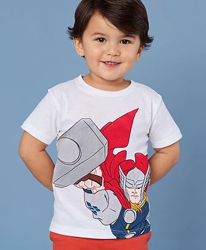 Babyhug Marvel Cotton Knit Half Sleeves T-Shirt with Front & Back Thor Print - White