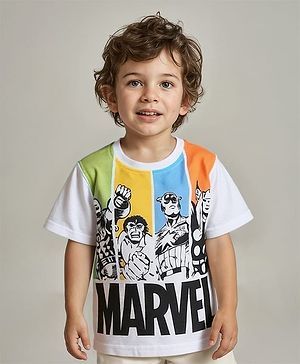 Babyhug Marvel Cotton Knit Half Sleeves T-Shirt with Front & Back Avengers Graphics - White