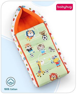 Babyhug Cotton Sleeping Bag Cum Carry Nest With Animals Print- Mint