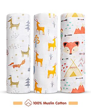 Babyhug Cotton Muslin Multipurpose Swaddle Wraps Animal Print Pack of 3 - Multicolour