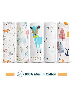 Babyhug Cotton Muslin Multipurpose Swaddle Wraps Forest Print Pack of 5 - Multicolour