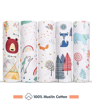 Babyhug Cotton Muslin Multipurpose Swaddle Wraps Animal Print Pack of 5 - Multicolour