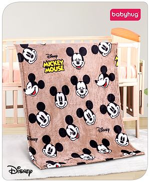 Babyhug Disney Single Ply Mink Blanket Smiley Mickey  Print- Brown