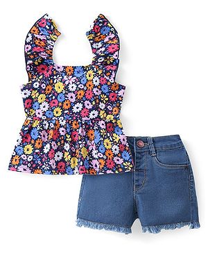 Babyhug Cotton Knit Sleeveless Top & Denim Shorts Set With Floral Print - Multicolor