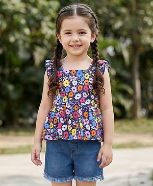 Babyhug Cotton Knit Sleeveless Top & Denim Shorts Set With Floral Print - Multicolor