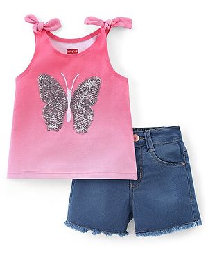 Babyhug Cotton Knit Sleeveless Singlet Top & Denim Shorts Set With Butterfly Design - Pink & Blue