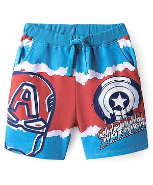 Pinekids Marvel Terry Knit Knee Length Shorts With Avengers Graphics - Blue & Red
