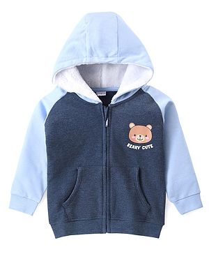 Babyhug Cotton Knit Full Sleeves Front Open Sweat Jacket with Hood Zipper & Teddy Graphics - Navy Blue