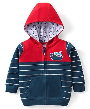 Babyhug Cotton Knit Full Sleeves Front Open Striped Sweatjacket With Hood & Boat Patch - Multicolor
