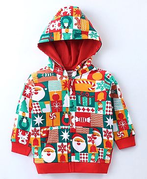 Babyhug Cotton Knit Full Sleeves Front Open Hooded Sweatjacket With Christmas Theme Print - Multicolour